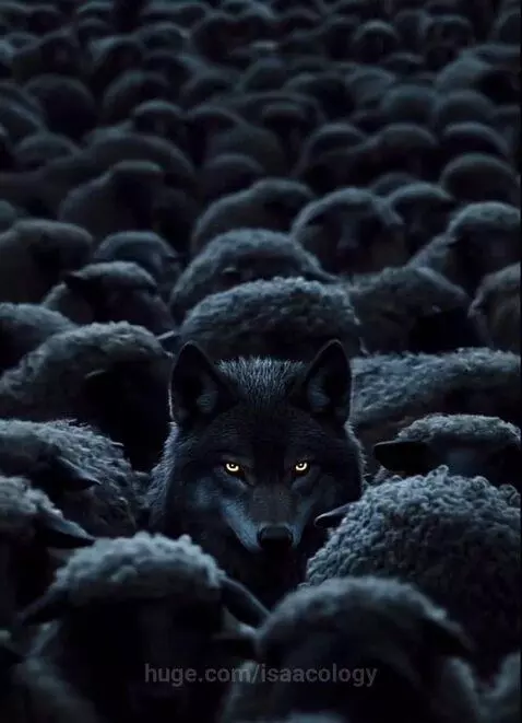 Close-up of a dark wolf with intense yellow eyes, partially hidden within a flock of sheep in dim lighting.