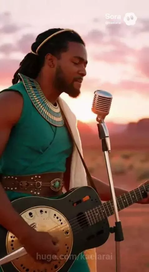 Man and woman in ancient Egyptian costumes performing a duet with guitars in a desert at sunset.