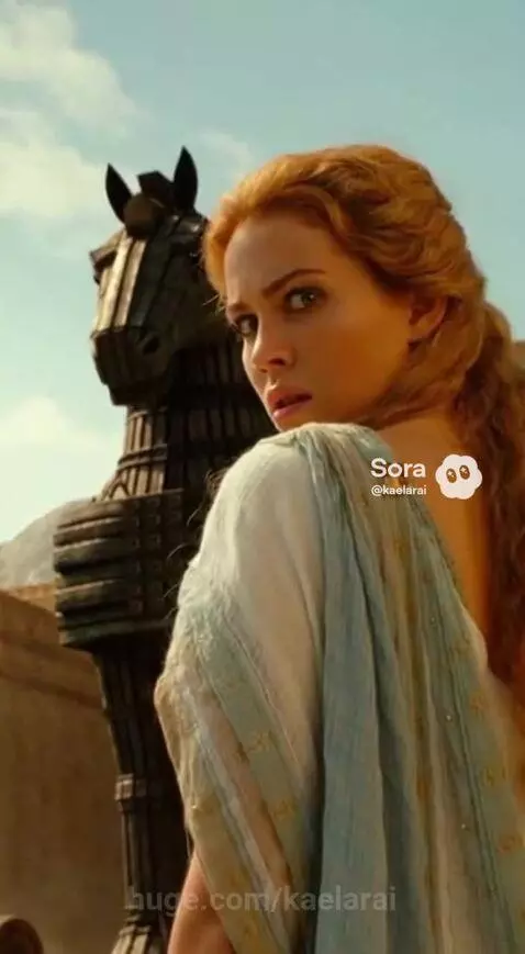 Helen of Troy looking concerned at the giant wooden Trojan Horse outside a fortified city.
