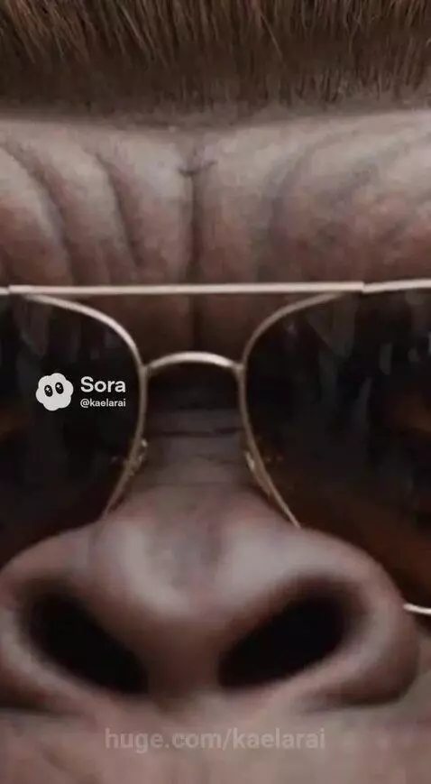 Bigfoot wearing aviator sunglasses walks down a city street, trying to blend in.