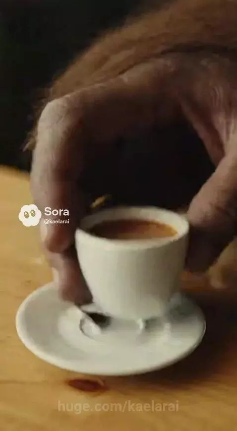 Bigfoot wearing sunglasses orders an espresso at a coffee shop counter, looking content.