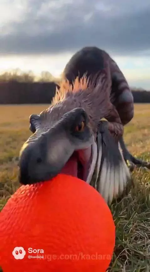 Man throwing a ball for a realistic feathered dinosaur in a grassy field.