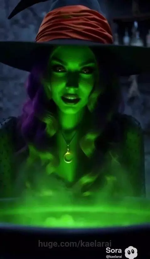 Witch with green skin, purple hair, and a witch hat reciting Macbeth over a smoking cauldron.