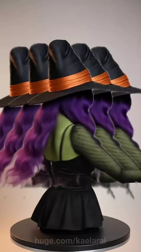 Woman in a witch costume with green skin, purple hair, red eyes, and a black pointed hat, slowly rotating.