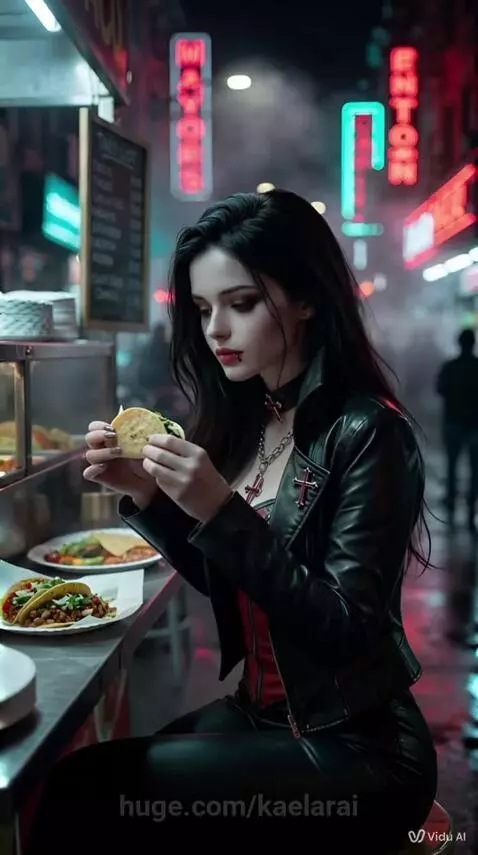 Vampire woman with red eyes and black outfit eating a taco at a night street food stall.