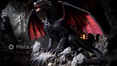 Black dragon with red wings perched on rocks in a dark cave, mouth open as if singing.