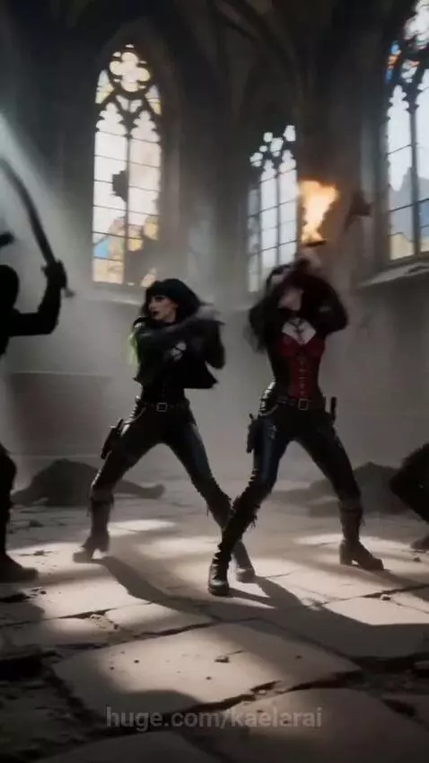 Two women in combat attire fighting demons with swords and fire magic in a ruined cathedral.