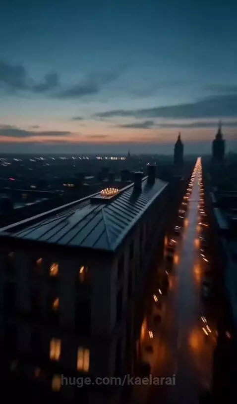 Gothic vampire woman with fangs and red eyes on a rooftop at dusk, surrounded by candles and city lights.