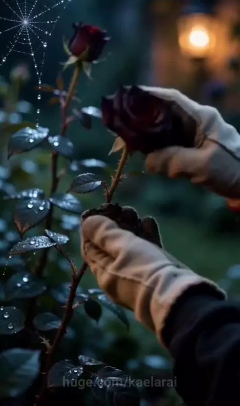 Woman gardening in a gothic garden at night with a full moon, bats, and glowing lanterns.