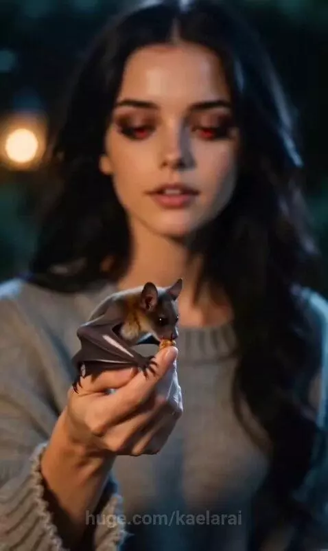 Woman in a garden at night, feeding small bats that perch on her hand and shoulders, with fairy lights on a rose.