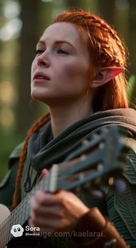 An elven woman with red braided hair playing a stringed instrument for a wolf named Ares in a sunlit forest.