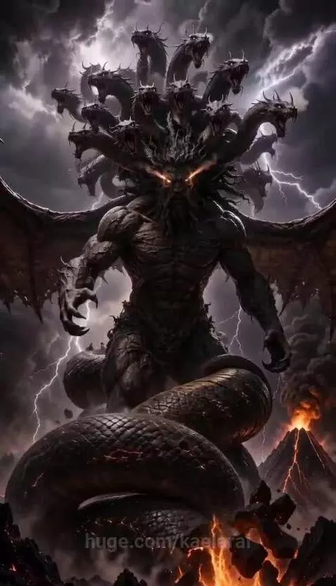 Typhon, Father of All Monsters, a muscular humanoid with multiple snake heads and leathery wings, in a stormy, volcanic landscape.