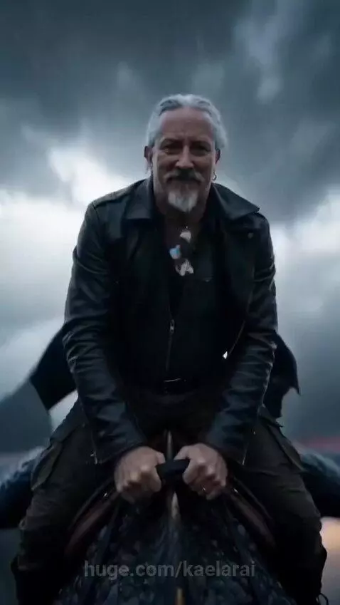 Man with beard and leather jacket riding a large black dragon with red wings during a thunderstorm.