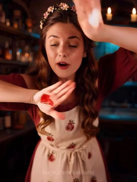 Woman with flower crown and pomegranate apron performs a color mixing magic trick, transforming into a pink hoodie.