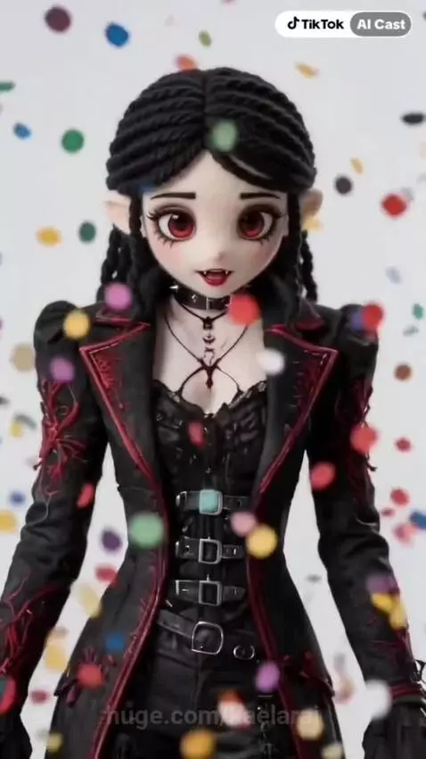 A doll-like gothic vampire with large red eyes and braided black hair making cute gestures.