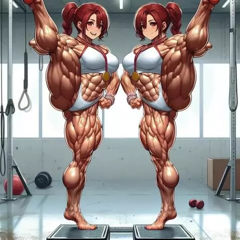 Two anime-style redhead twin gymnasts with muscular physiques performing a synchronized leg raise in a gym.