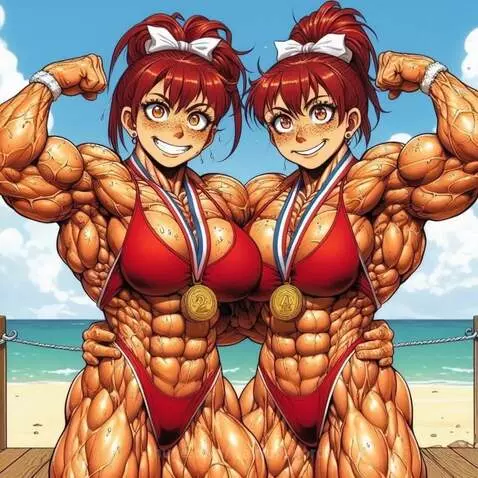 Two identical anime bodybuilders with red hair and red bikinis flexing their muscles on a beach boardwalk.