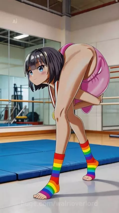 Anime girl with short dark hair and blue eyes in a pink leotard performs an extreme contortion pose in a gymnastics studio.