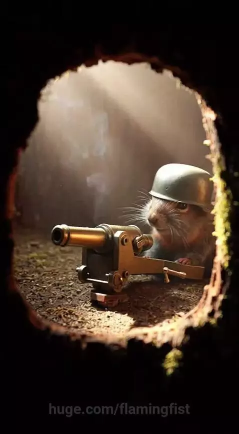 A squirrel wearing a helmet fires a tiny cannon from a tree hole at a woodpecker.