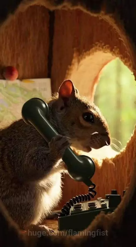 Squirrel peeking out of tree hole surprised as a toy helicopter hovers nearby.