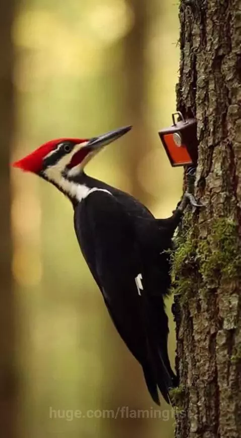 A startled woodpecker looks at a small retro radio that has popped out of a tree trunk, playing loud music.