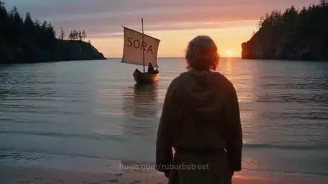 Man in medieval peasant attire watches a sailboat named SORA drift away at sunset on a peaceful beach.