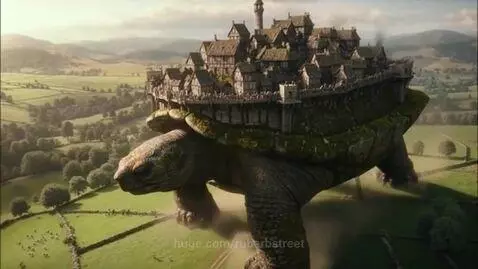 Drone view of a medieval village built on the shell of a giant, ancient turtle walking through a green countryside.