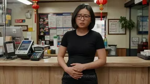 Young Asian woman with short dark hair and glasses, wearing a black t-shirt, stands in a Chinese restaurant holding her stomach uncomfortably.