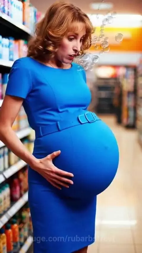 Woman in blue dress distressed as her belly rapidly expands to an exaggerated size with bubbles coming from her mouth.