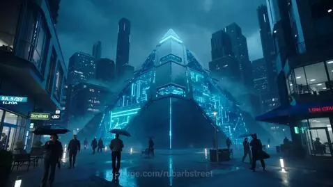 Futuristic cybernetic city at night with a glowing blue pyramid building, wet streets, and rain.