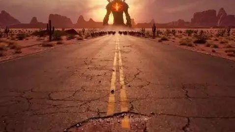 Armored dog-like creatures with glowing red eyes run down a desert road at sunset, with a giant monster in the background.