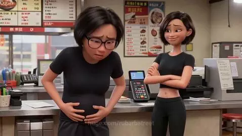 Animated woman with distended stomach looks worried, while another woman smirks and makes a comment about her diet.