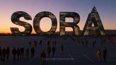 Four giant skyscrapers shaped like 'SORA' letters at dusk, with people walking away.