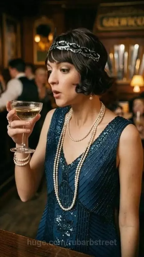Woman in a 1920s flapper costume with a beaded dress and pearls, looking shocked as her belly rapidly swells.