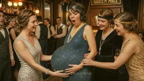 Woman in 1920s flapper dress with a distended belly from which bubbles are emerging, surrounded by laughing friends.
