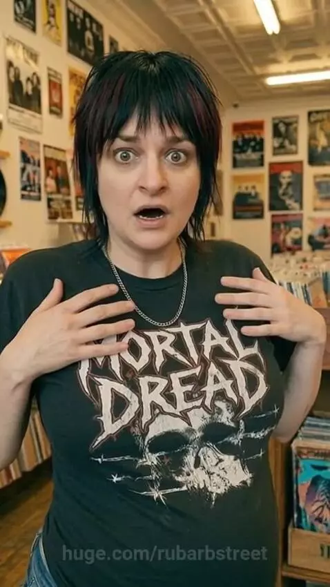 Record store owner with dark hair and a 'MORTAL DREAD' shirt looks surprised, hands on chest, as her voice changes.