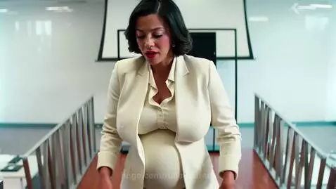 Businesswoman in a white suit with a very round, strained abdomen, looking confused and embarrassed.