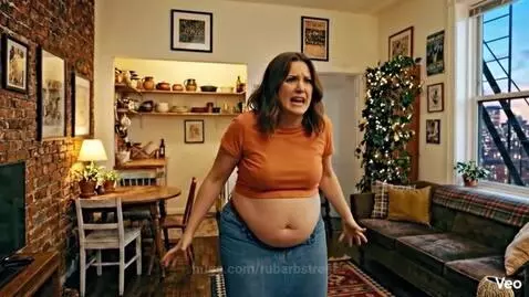 Woman distressed by rapid weight gain, with a ghostly figure looming.
