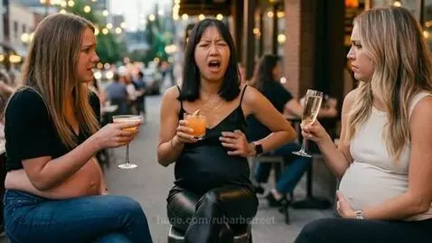 Three pregnant women sitting at an outdoor cafe, one looking uncomfortable and touching her stomach, while the others look on with concern.