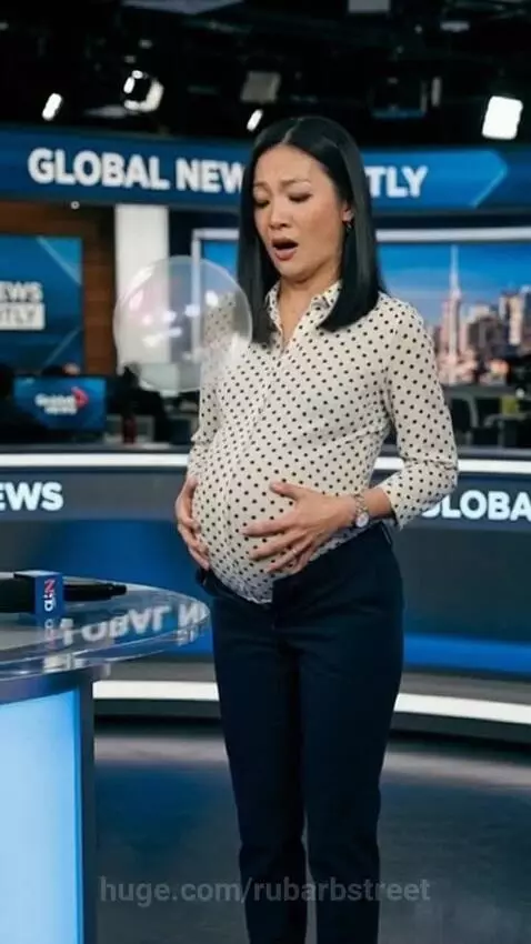 Asian anchorwoman in a news studio looking distressed as her belly expands and a bubble floats near her mouth.