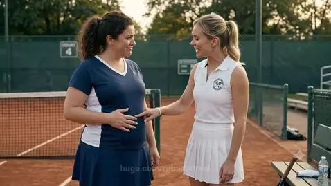 Actress experiencing dramatic magical weight gain in a scene, looking distressed.
