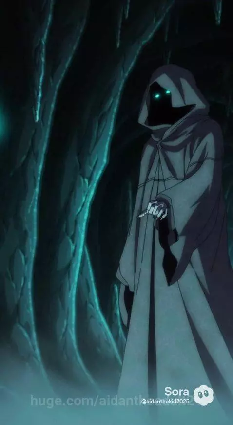 Animated young man Aidan transforming into a monstrous creature with glowing green eyes and teeth in a dark cave.