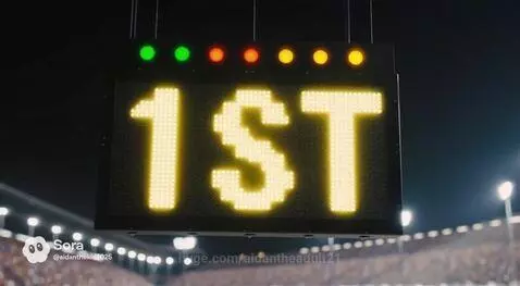 Race car speeding at night with fireworks, scoreboard shows 1ST.