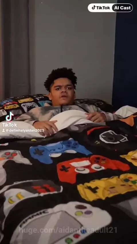 Young man in bed looking surprised as two smiling women with breakfast enter his decorated bedroom.