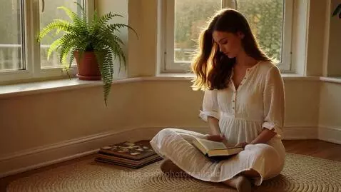 Young woman sitting cross-legged on a rug, reading a book in a sunlit room with a fern.