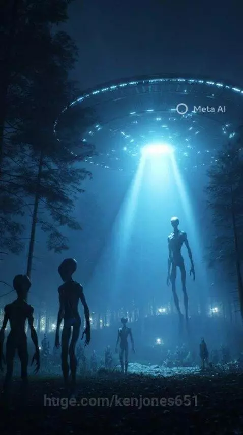 Tall, slender aliens with large heads in a dark forest illuminated by a bright blue light beam from a hovering UFO.