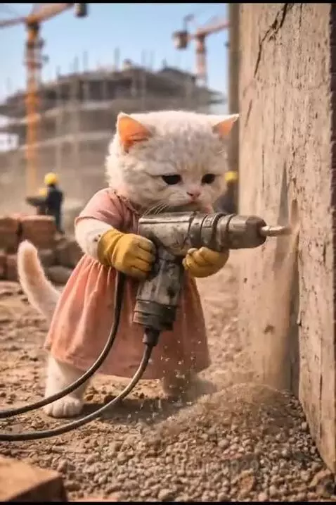 A young cat holding a baby cat, looking determined, with a somber background.