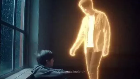 A glowing ghost figure reaching out to a young boy, who looks towards a bright doorway.
