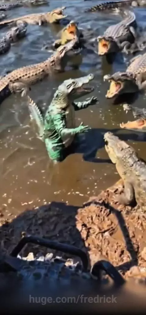 Person in a realistic crocodile costume swimming and interacting with real crocodiles in a body of water.
