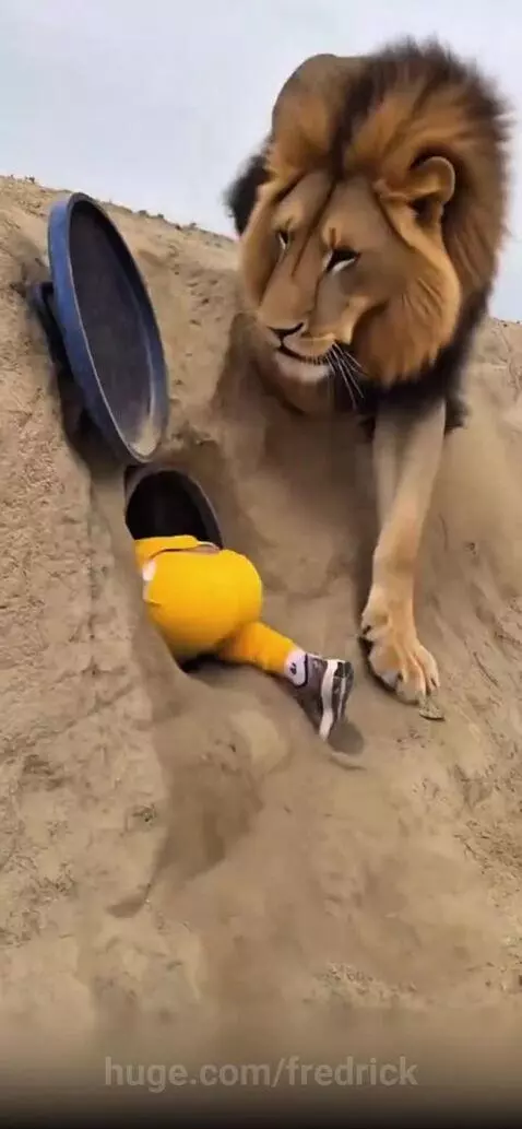 Man retrieving a blue container from a hole while a lion with a dark mane watches nearby.